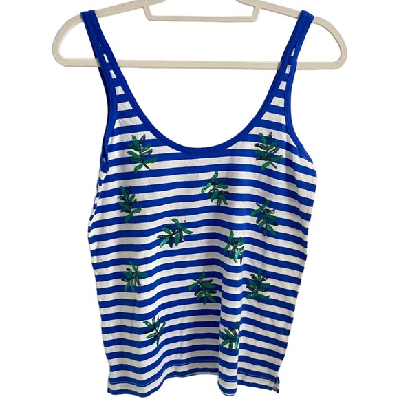 J crew Blue Striped Tank Top Sequin beaded Palm Leaf detail XS Scoop Linen White - Picture 4 of 10